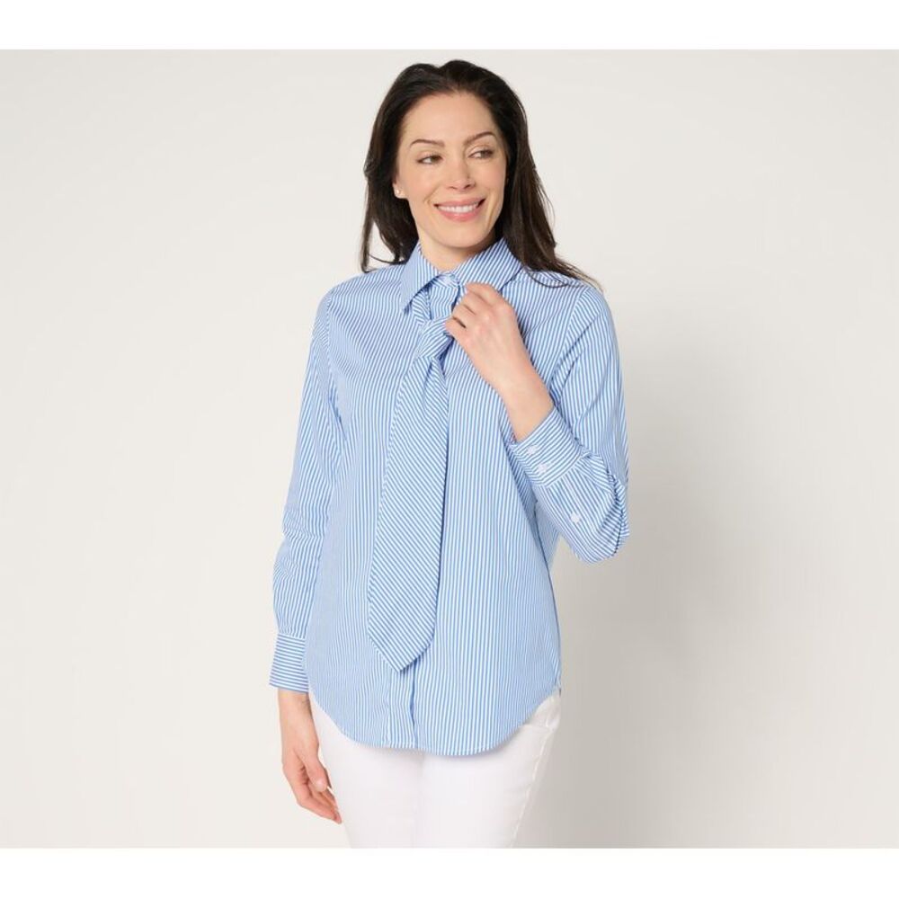 SUNNYLiFE Women's Top Sz S Striped Poplin Self Neck Tie Button Front Blue